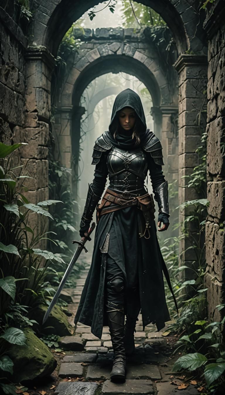 A female figure in dark armor and hood holding a sword and w...