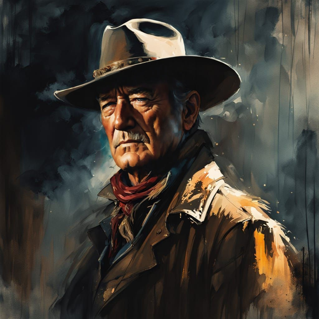 John Wayne as Rooster Cogburn in Elegant Watercolor Portrait