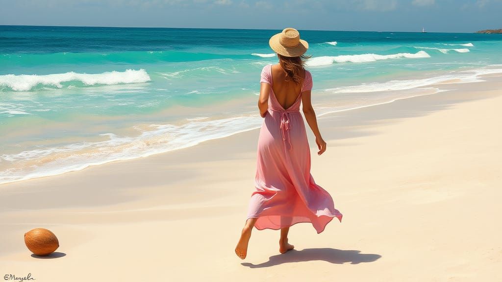 Pink Coconut Beach Scene in Impressionist Style