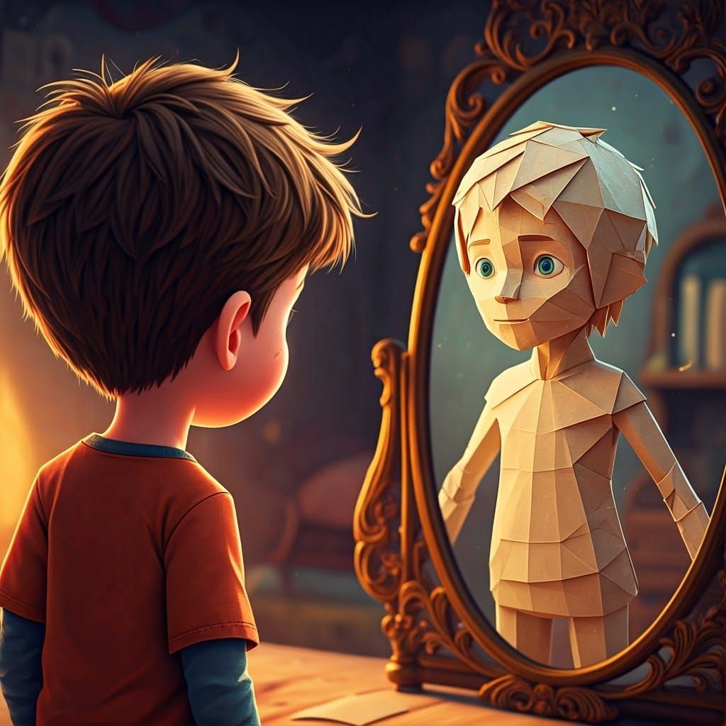 Origami Doppelganger in Pixar Style Reflection