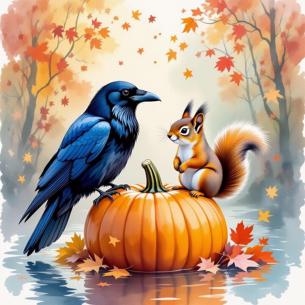 Raven and Squirrel on Pumpkin in Watercolor Alcohol Ink Styl...