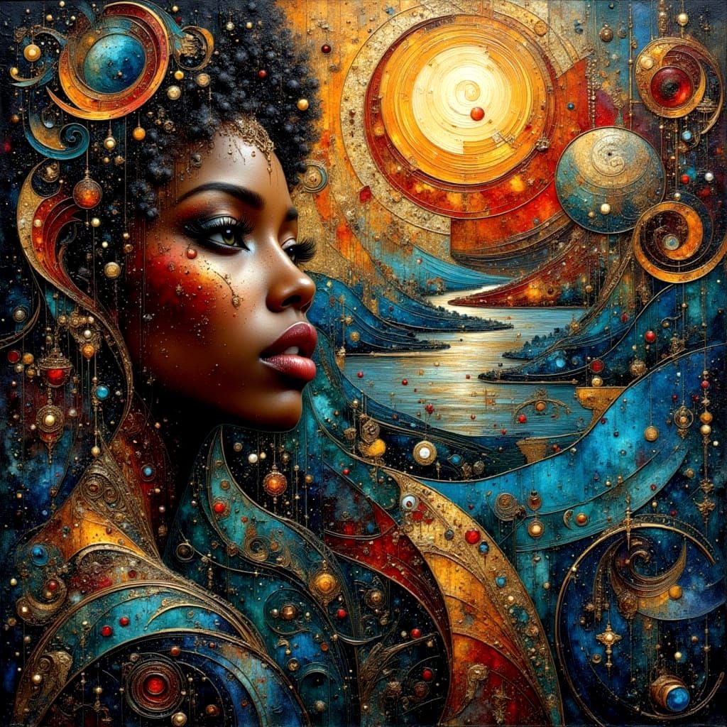 Surreal Dreamscape of Woman in Textured Midnight Blue Seasca...