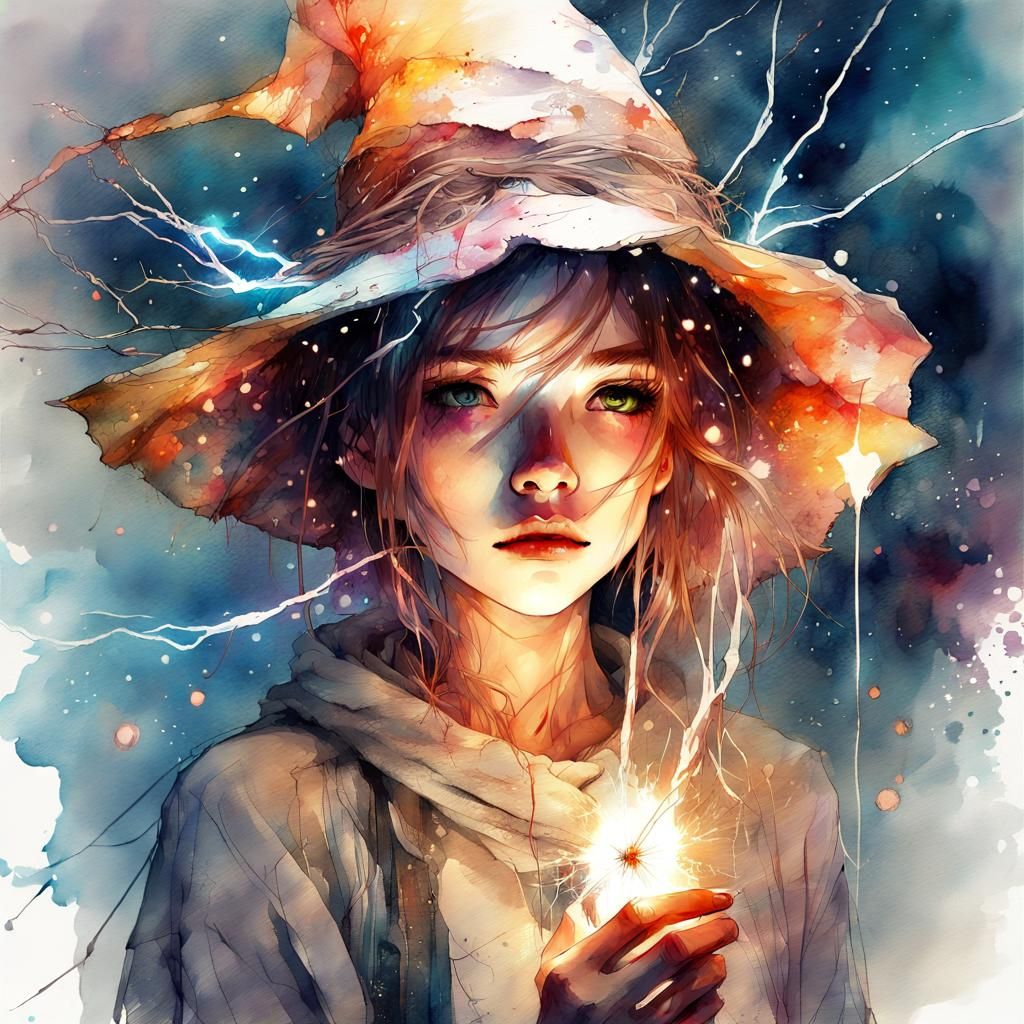 Cute Electric Witch in Digital Watercolor Art