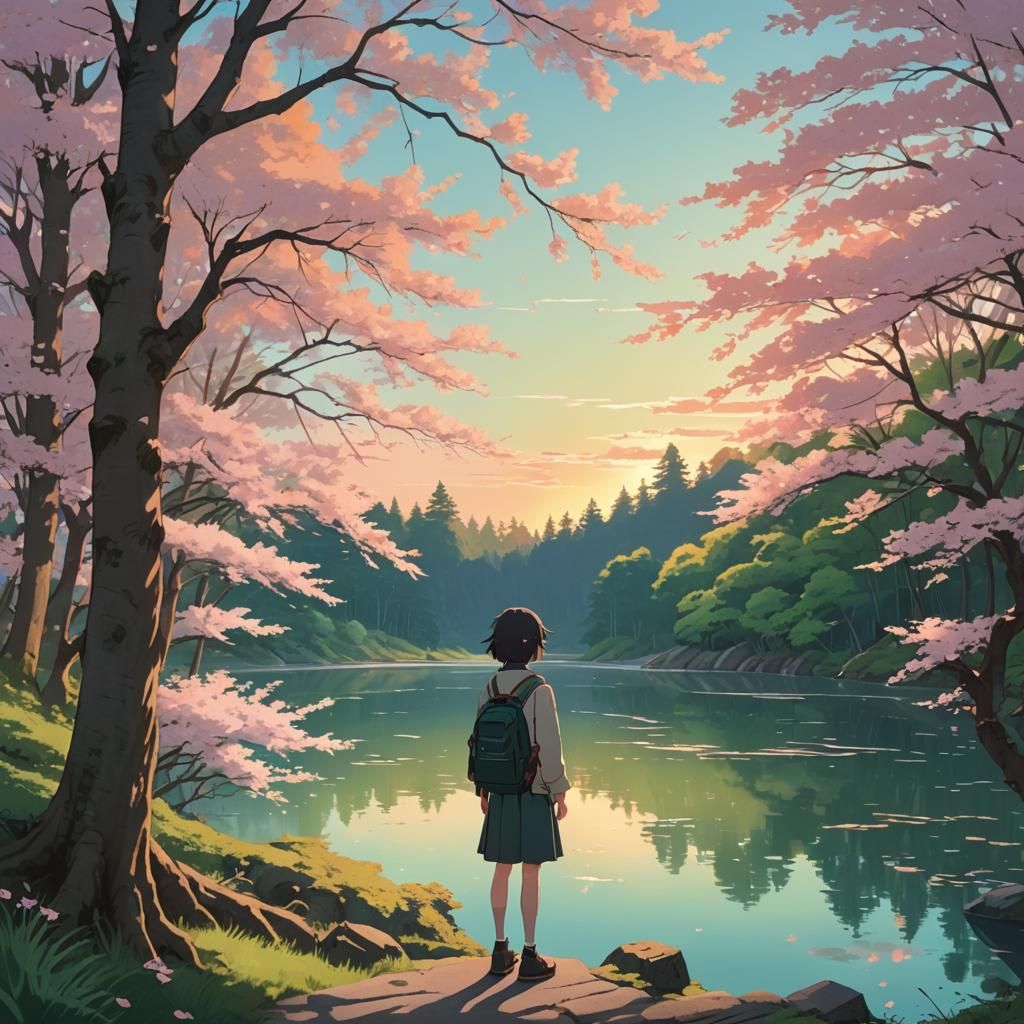Serene Sunset: Anime Traveler in Japanese Forest