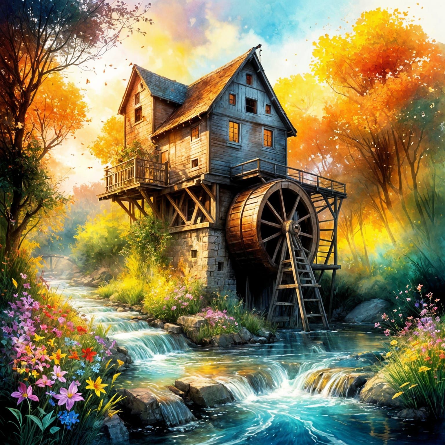 Adorable Watermill by Sunlit River in Watercolor Style