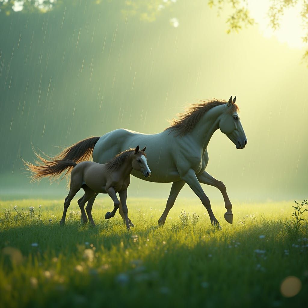 Majestic Mare and Foal Gallop in Morning Rain, Emerald Meado...