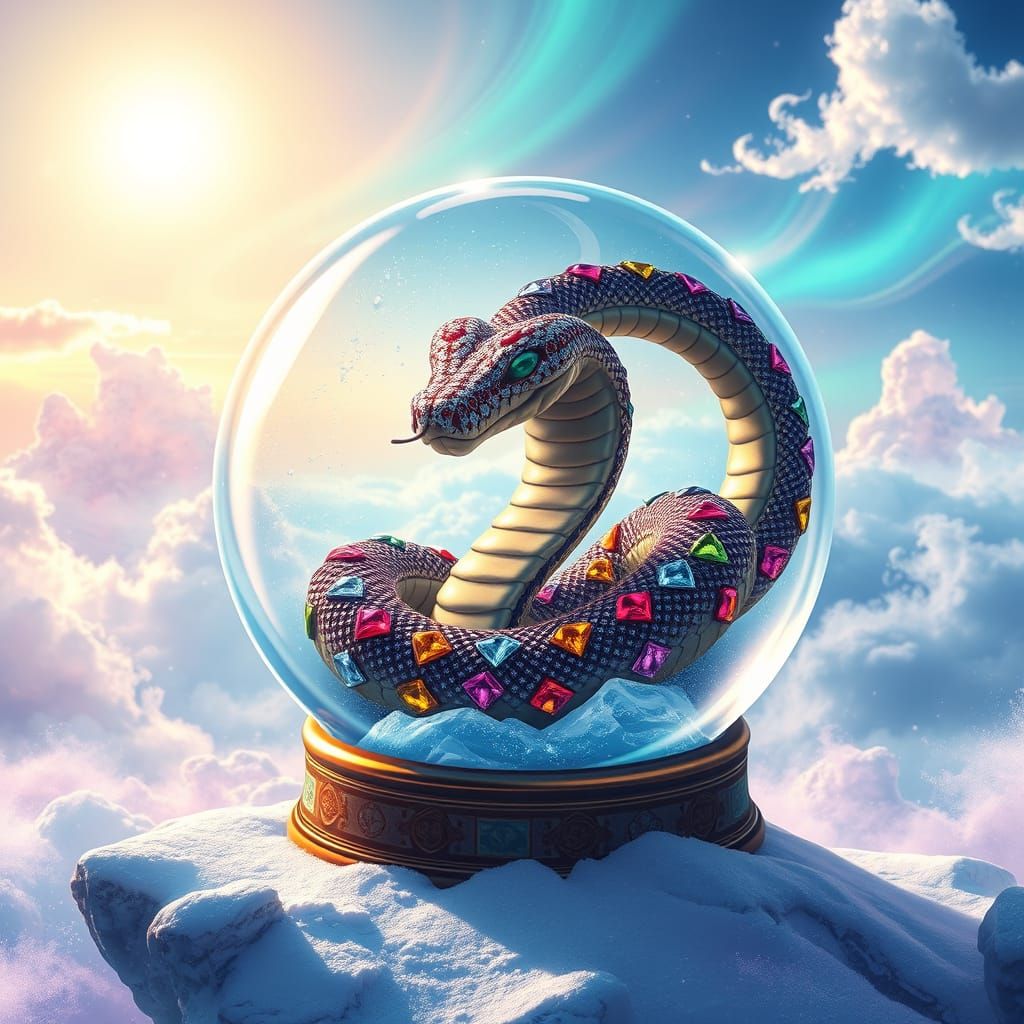 Snake in Snow Globe, Vibrant Fantasy Scene