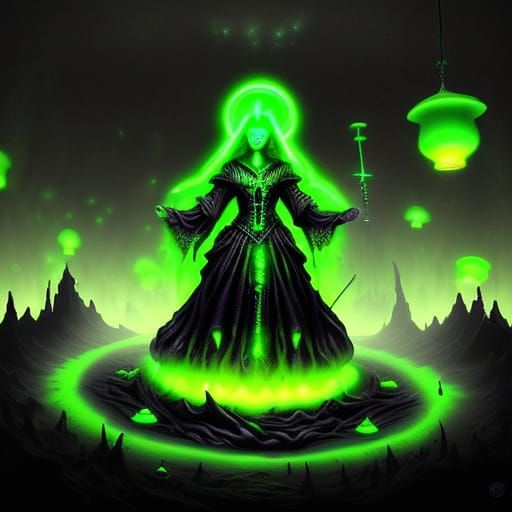 Mysterious Witch Casting Spell with Glowing Cauldron and Sku...