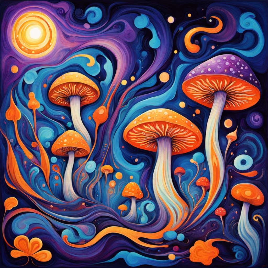Vibrant Surrealist Landscape with Glowing Mushrooms and Carr...