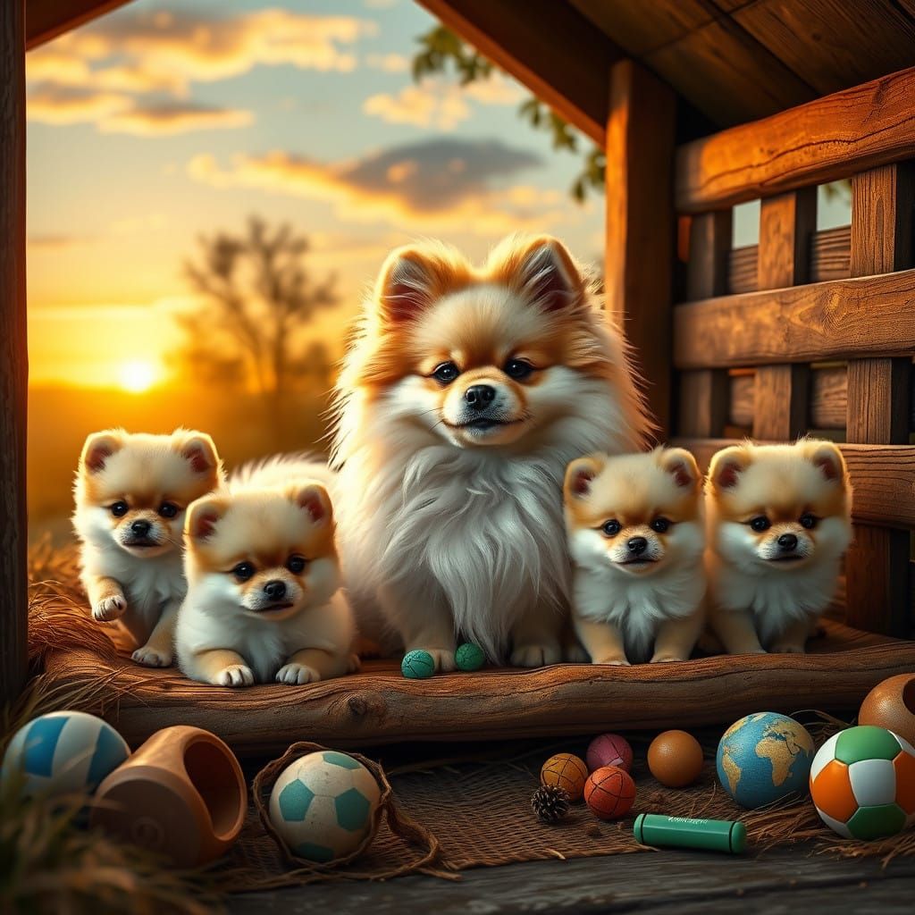 Regal Pomeranian Surrounded by Playful Puppies in a Cozy Rus...