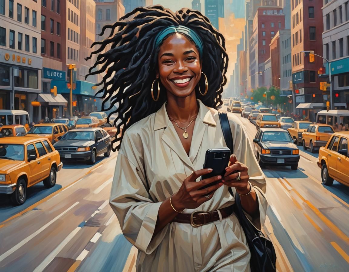 Smiling Woman in Uber: Art Deco Oil Painting