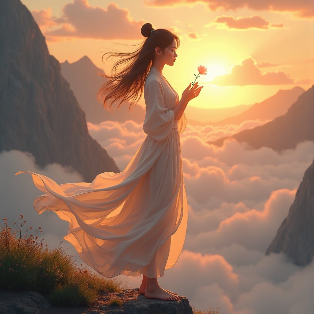 Woman with Glowing Flower at Dawn, in Anime Style