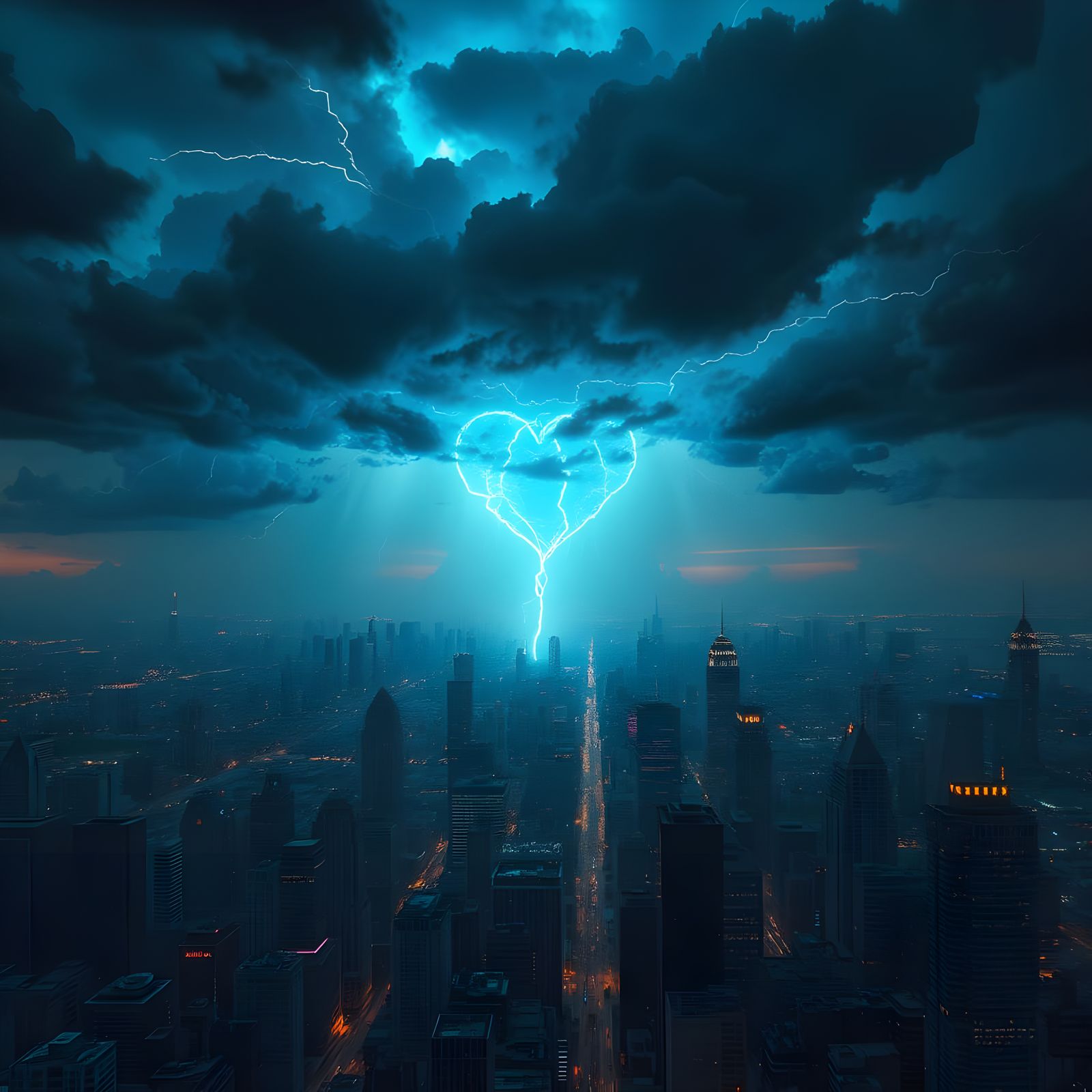 Mystical Cityscape Illuminated by a Heart-Shaped Lightning B...