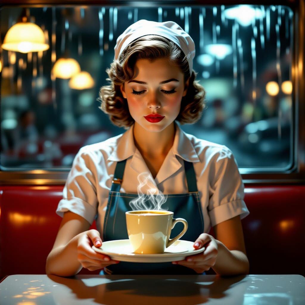 Weary Waitress Serves Coffee in Moody 1950s Diner