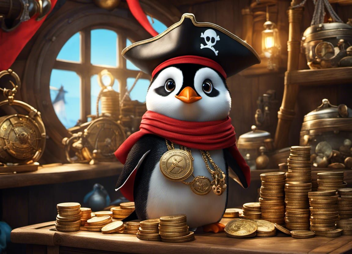 Penguin Pirate Guarding Treasure on Ship