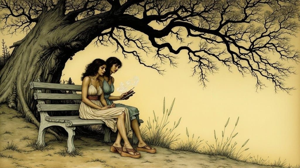 Women Under Tree in Arthur Rackham Style
