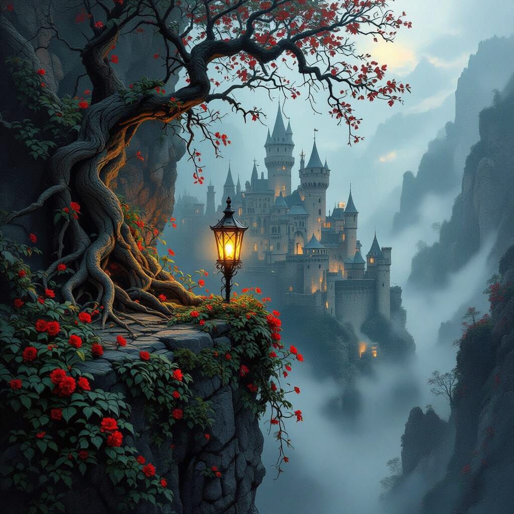 Medieval Castle in Misty Gorge with Lantern