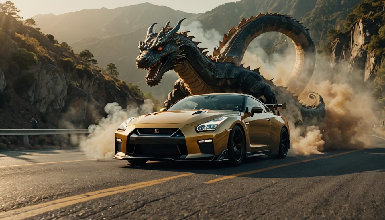 Nissan GTR Races with Dragon in Cinematic Digital Painting