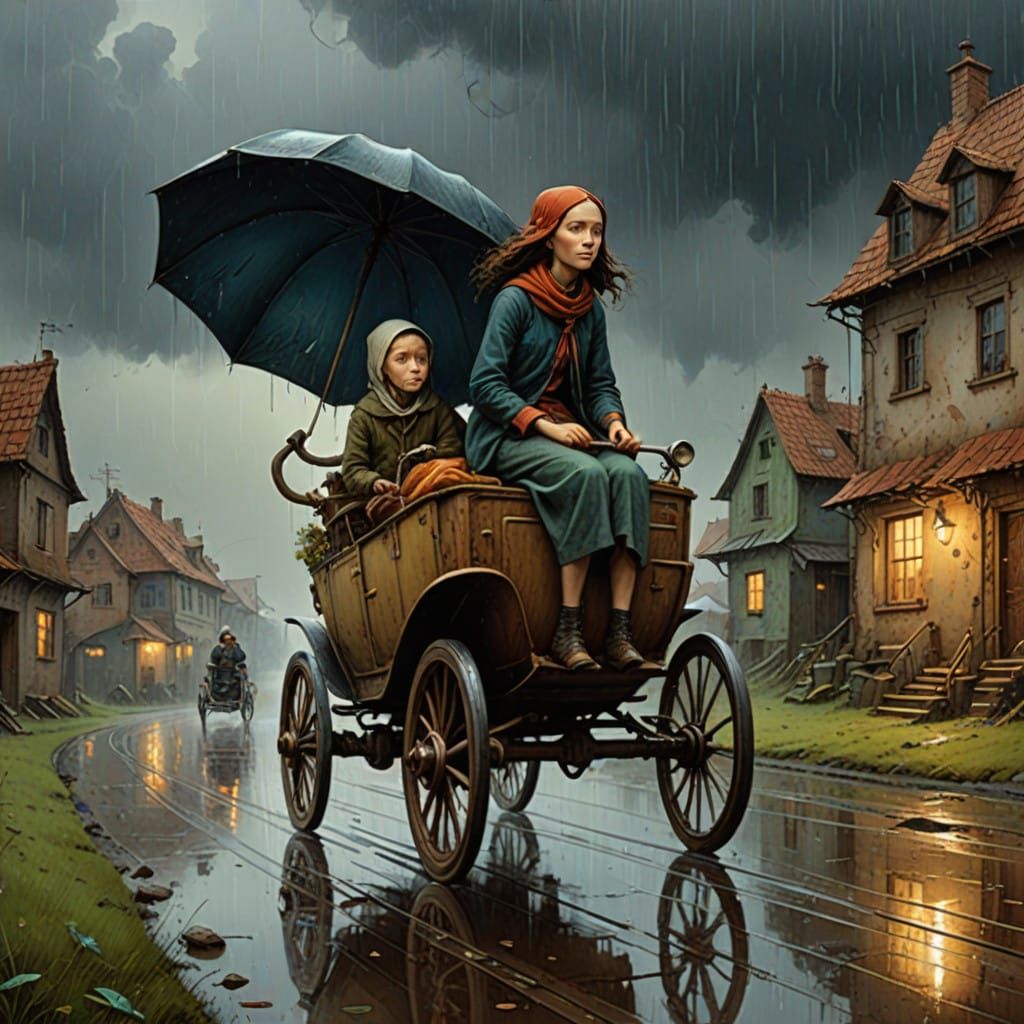 A Weary Woman Escapes into the Rainy Distance