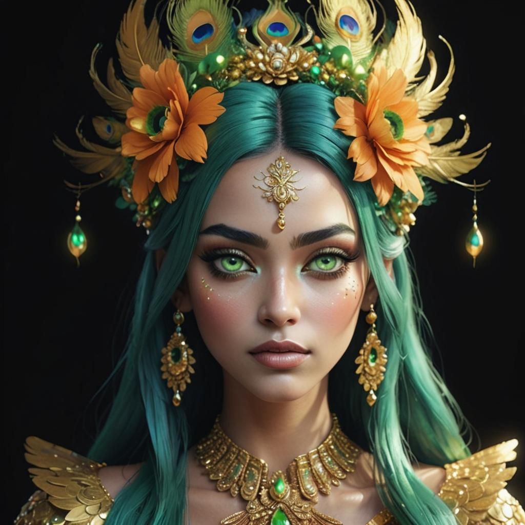 Gold Woman with Peacock Hair in Pixar Style