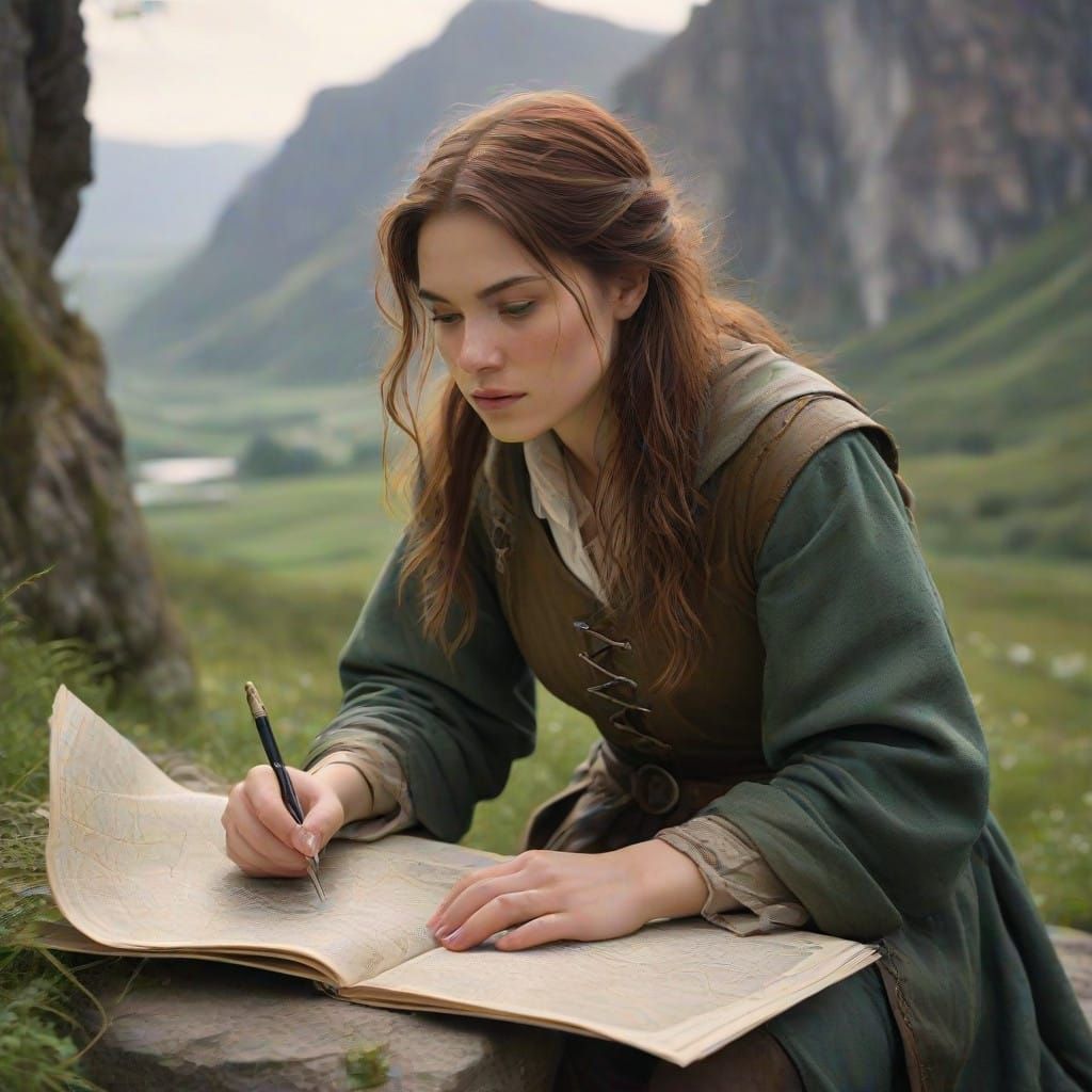 Earth-Toned Ranger Studies Ancient Maps in Mountain Sanctuar...