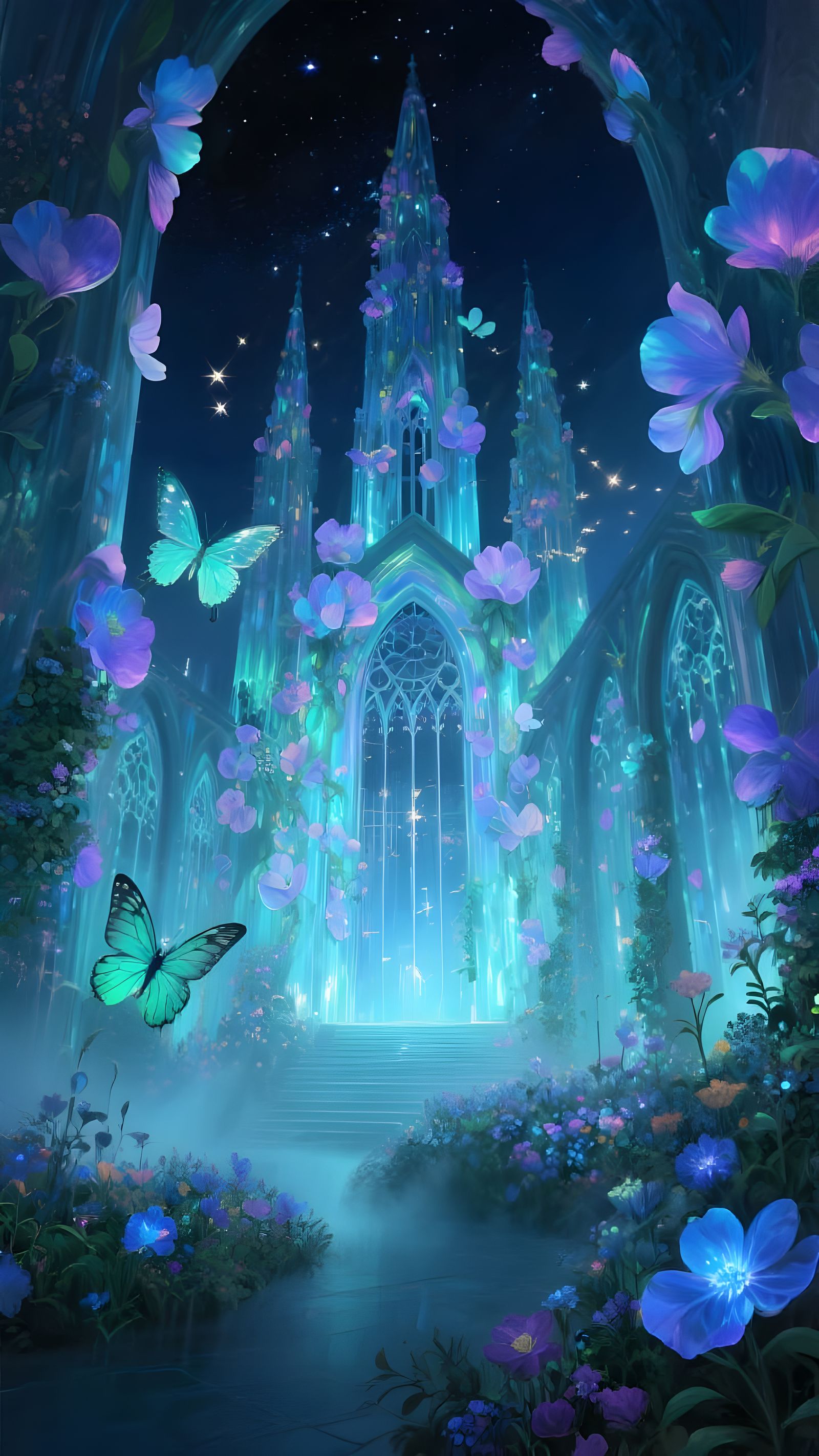 Glowing Flower Petal Cathedral in Starry Night