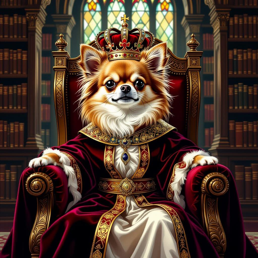 Regal Chihuahua on Book Throne in Victorian Style
