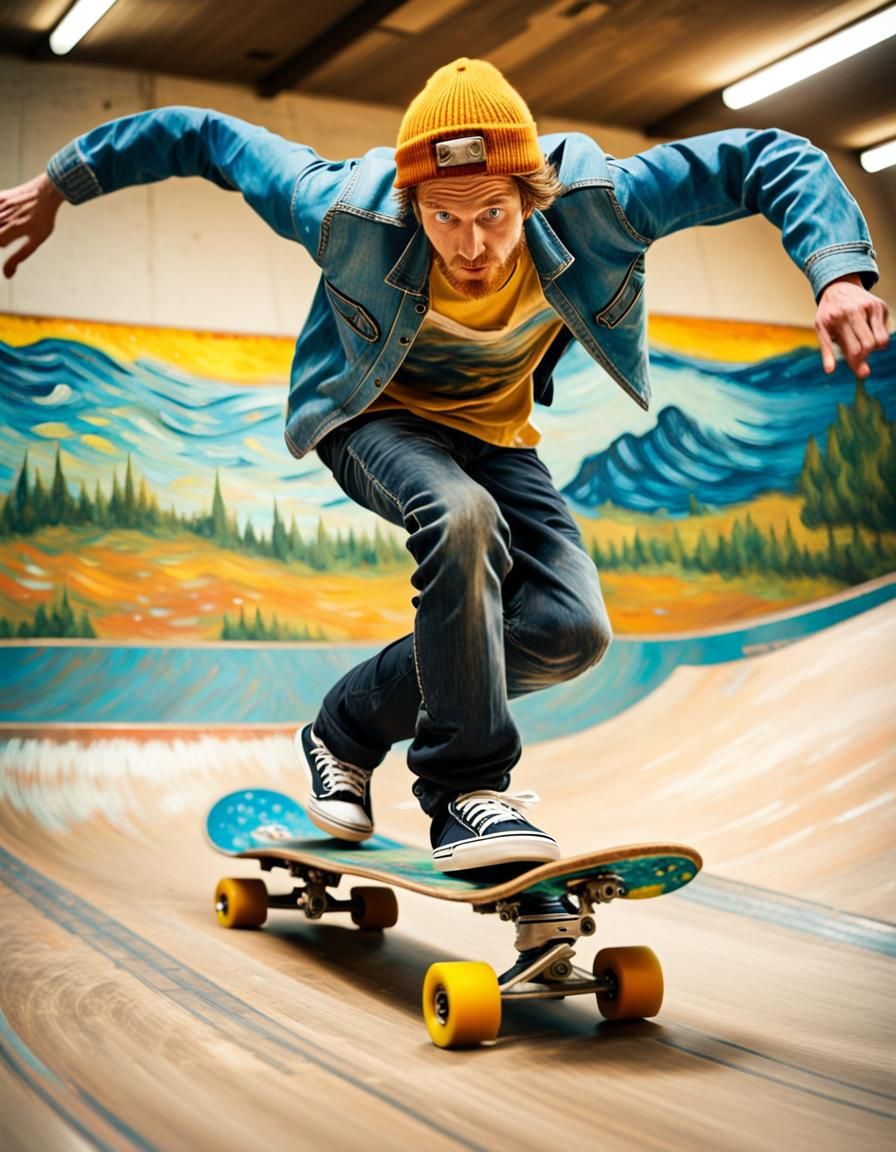 Skater Mid-Air in Van Gogh Style Painting