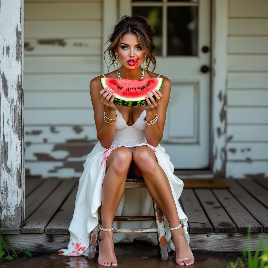Posh Woman Eats Watermelon on Muddy Porch