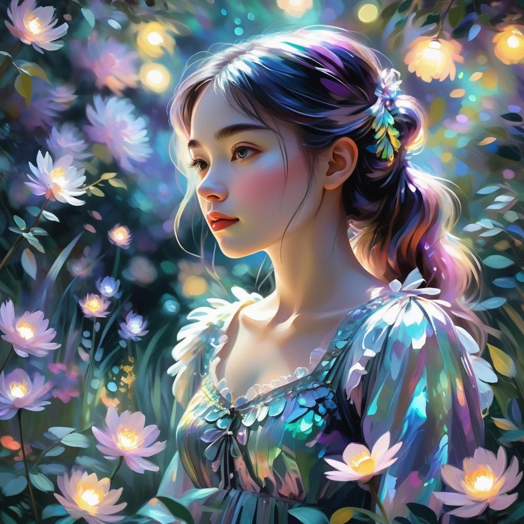 Girl in Moonlit Garden: Impressionist Digital Art