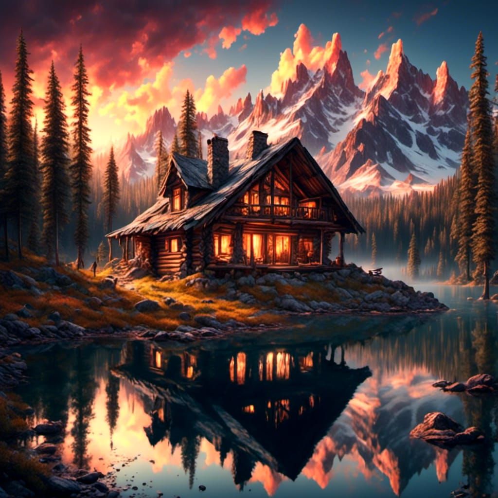 <lora:SuperHyperrealism:1.0> <lora:Wilderness:1.0> Night setting, small log cabin on edge of lake, surrounded by forest...