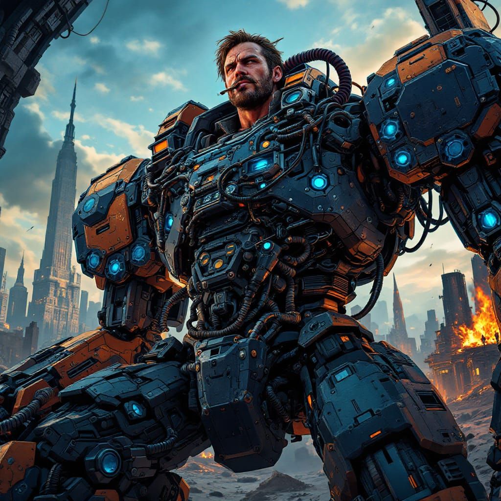 Grizzled Pilot Inside Intricate Manga-Style Mecha Robot