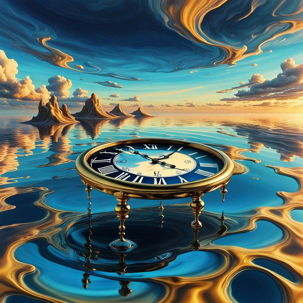 Melting Clock on Ocean: Surrealist Dreamscape in Oil
