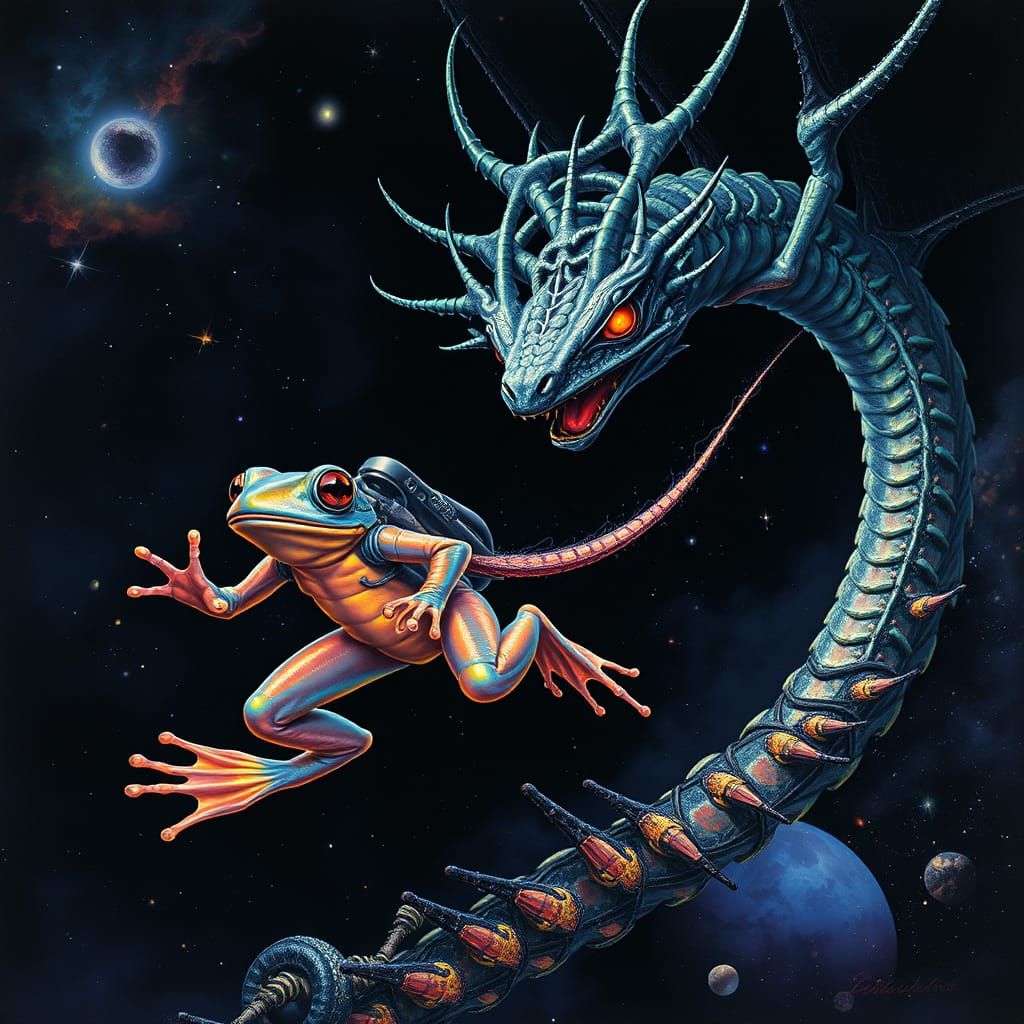 Frog Soars Through Space Pursued by Deadly Dragon