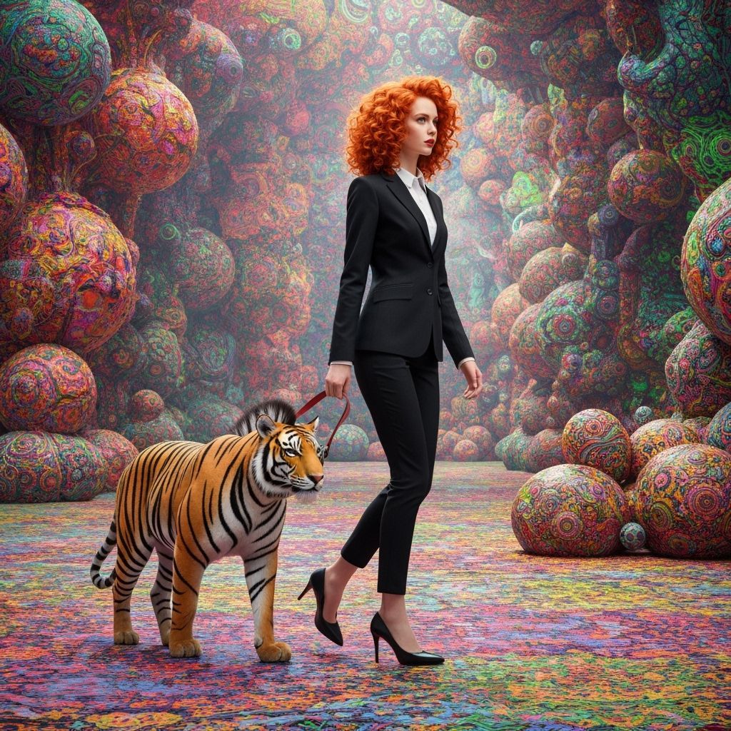 Woman Walking Tiger-Zebra Hybrid, Hyperrealistic Photorealis...
