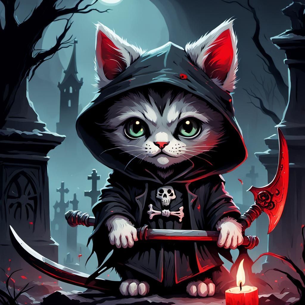 Kitten as Grim Reaper in Dark Graveyard Illustration