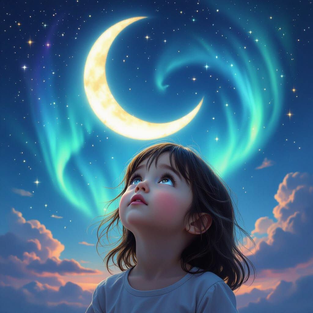 Girl Gazes at Luminous Moon with Aurora Borealis