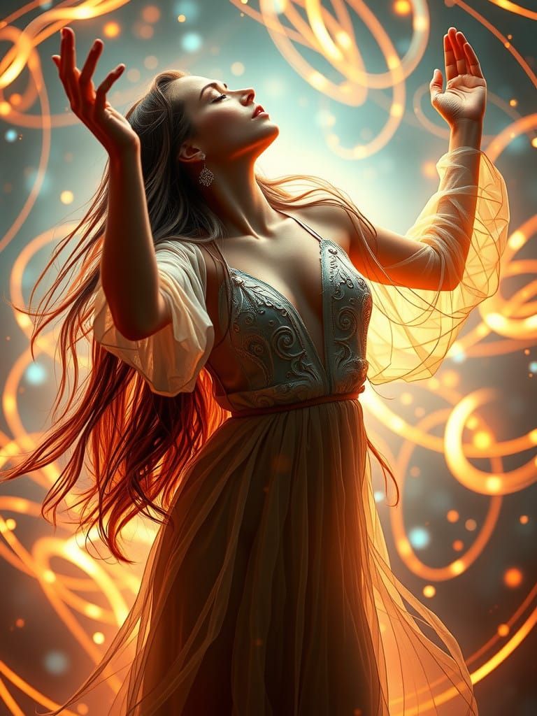 Ethereal Dance in Ancient Rhythm with Flashes of Light