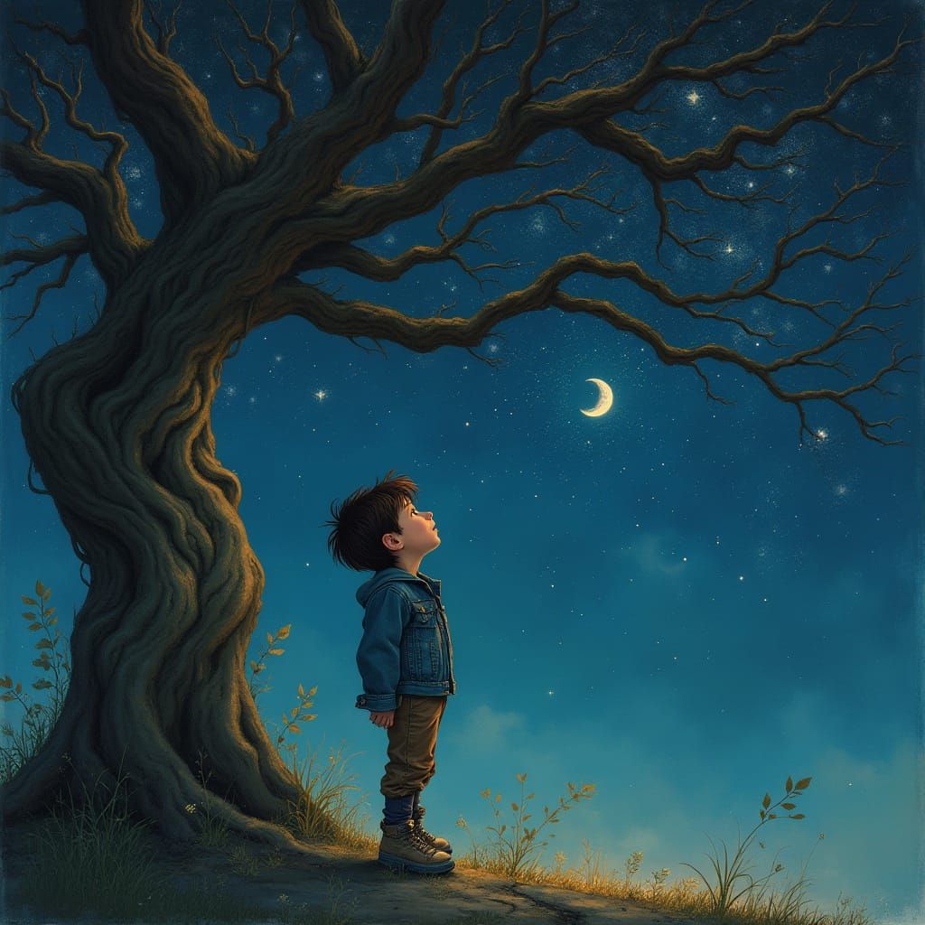 Boy in Enchanted Nighttime Landscape