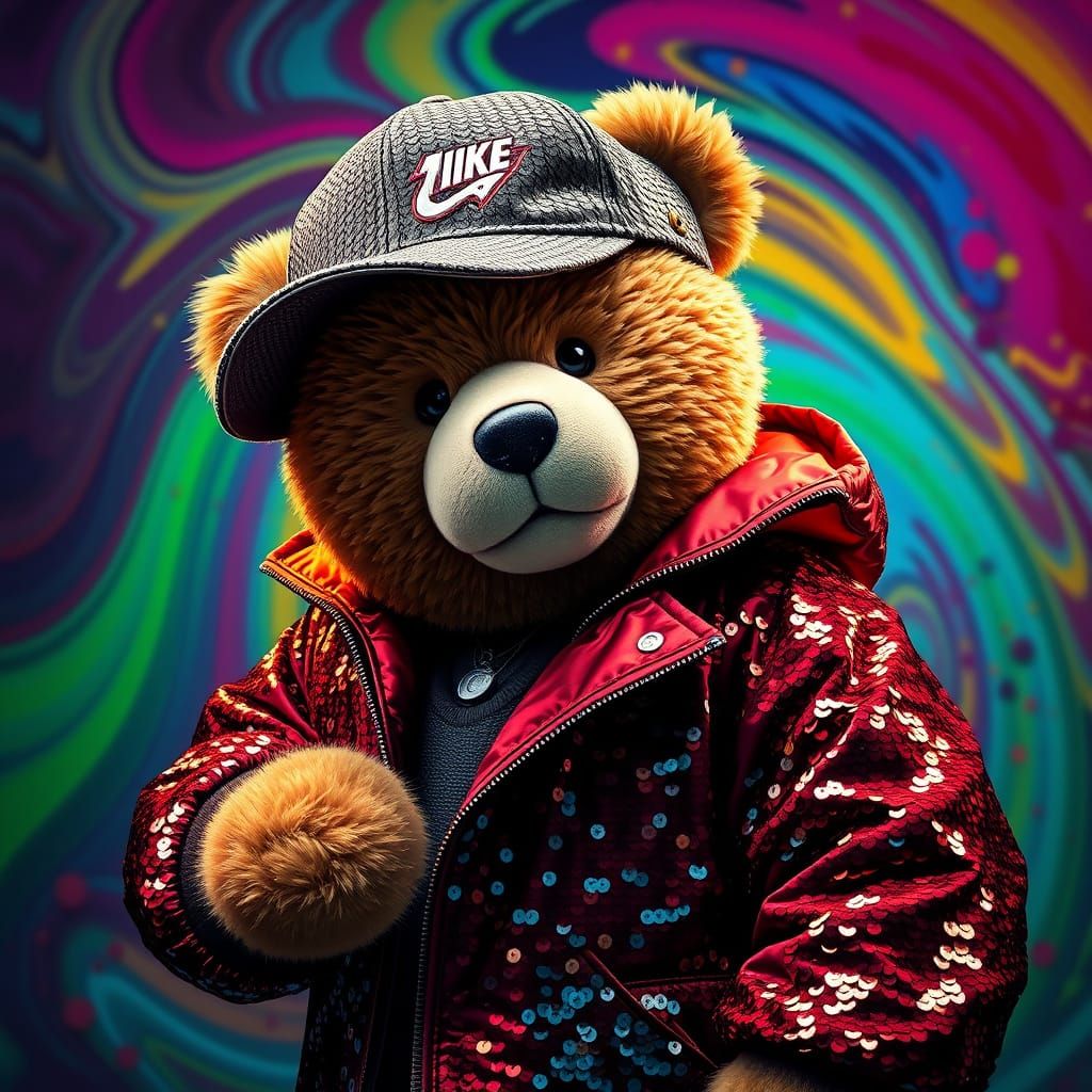 A  teddy bear with a sequence jacket on