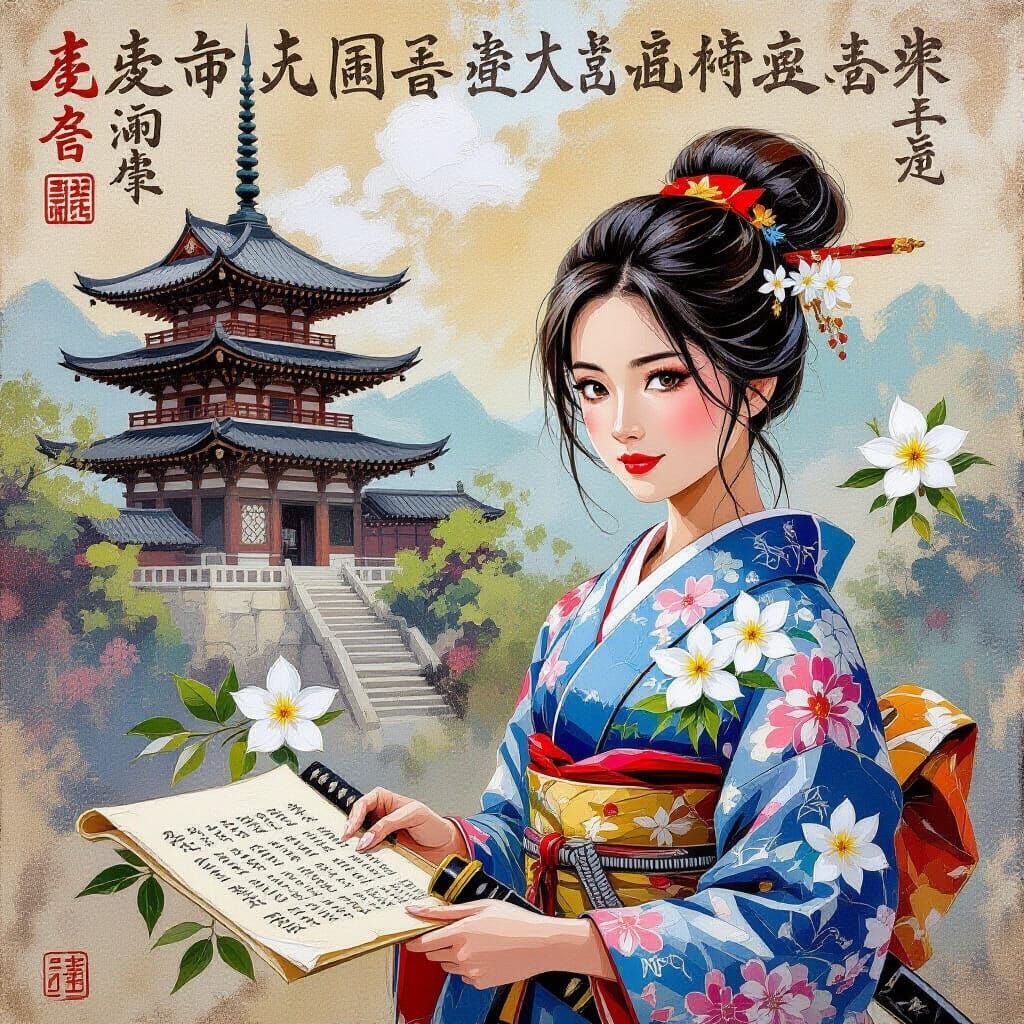 Samurai Girl with Jasmine Flowers, Impasto Oil Painting