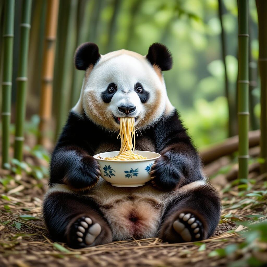 Playful Panda Slurping Spaghetti in Bamboo Forest