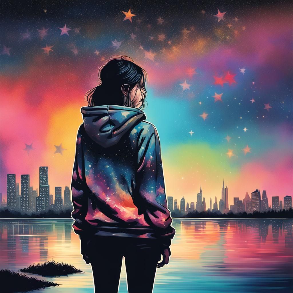 Woman Under Starry Lake: Graffiti Art Style