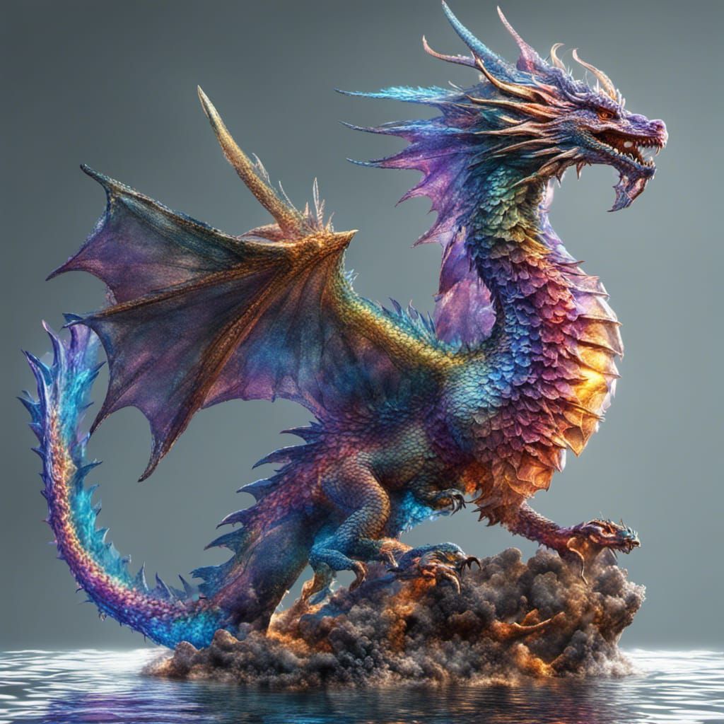 Winged Dragon Bursts from Sea: 3D Rendered Art