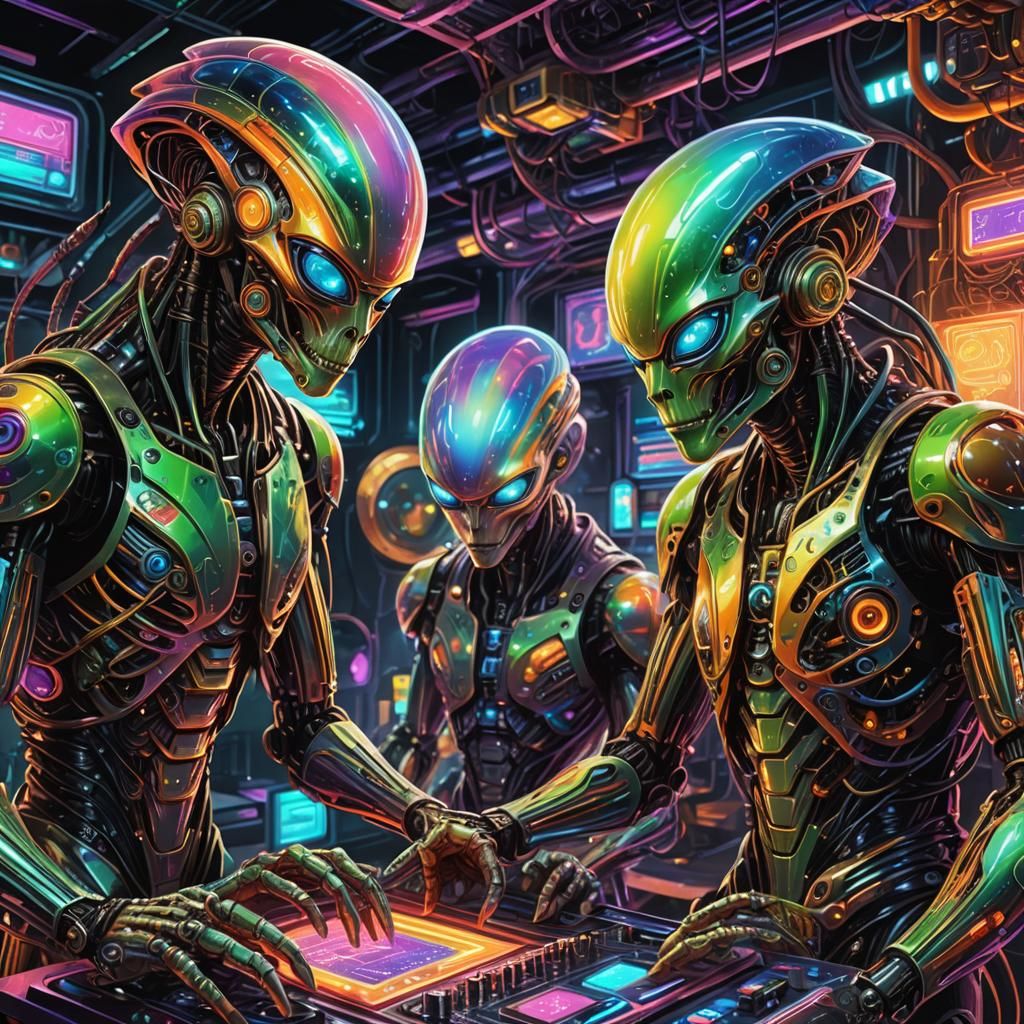 Alien Band Repairs Machines in Psychedelic Concept Art