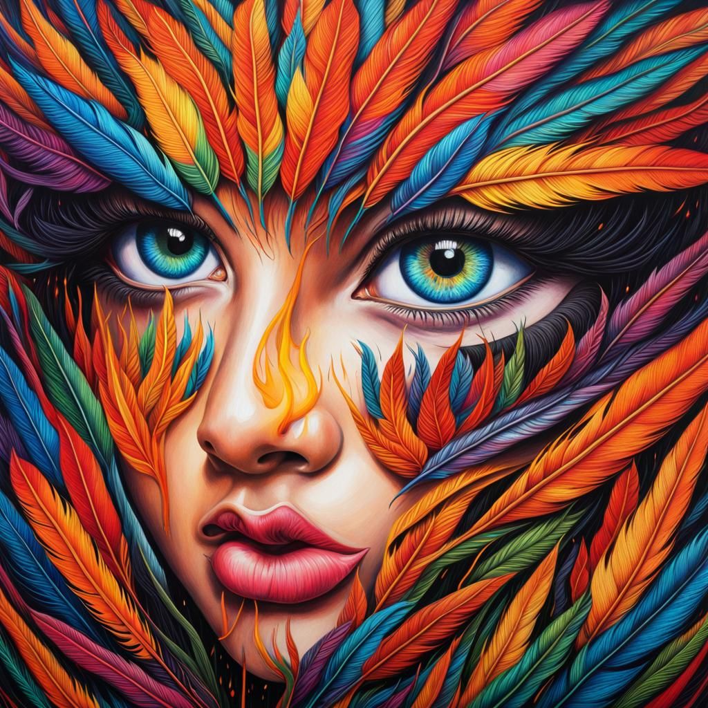 A million feathers round a human eye,  flames ,prisma colors colored pencil sketch graffiti art, Hyperrealistic, splash ...