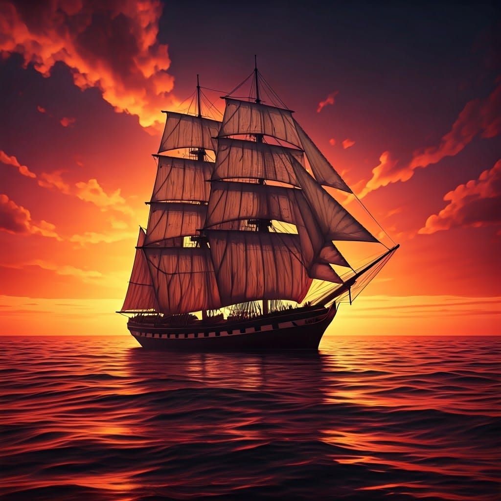 Baroque Sailboat Silhouetted Against Red Sunset