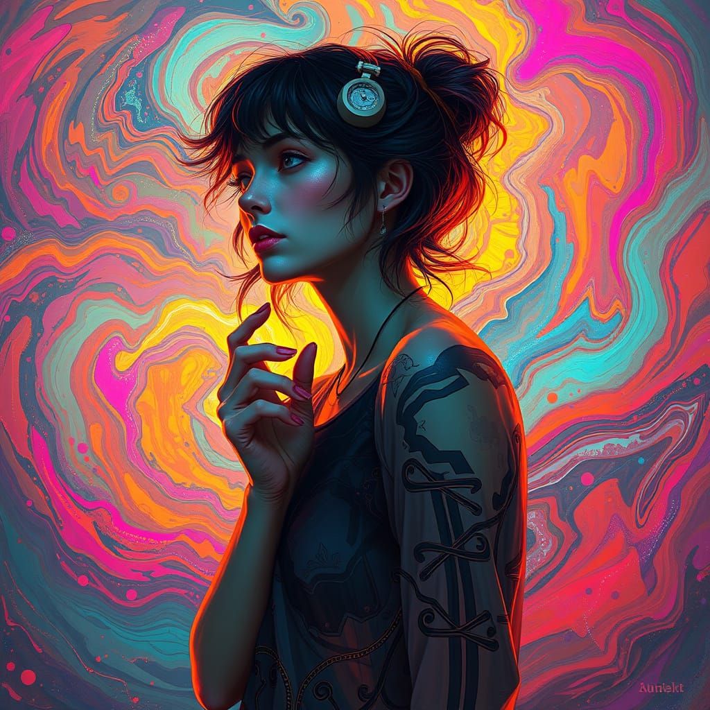 Woman Pondering in Futuristic Neon Landscape