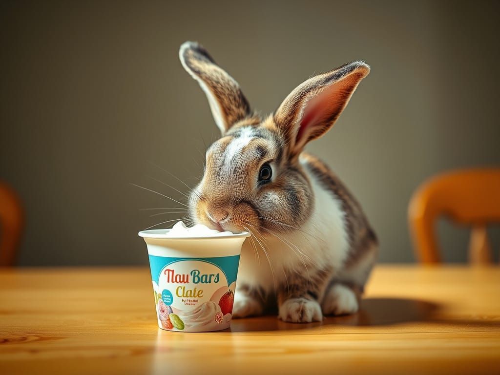 Cute Bunny Rabbit Sniffs Ice Cream Carton