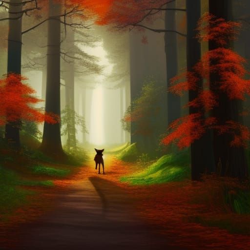 Black Cat on Forest Trail in Autumn Colors